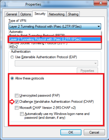 Select CHAP in VPN connection properties