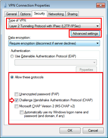 Select CHAP in VPN connection properties