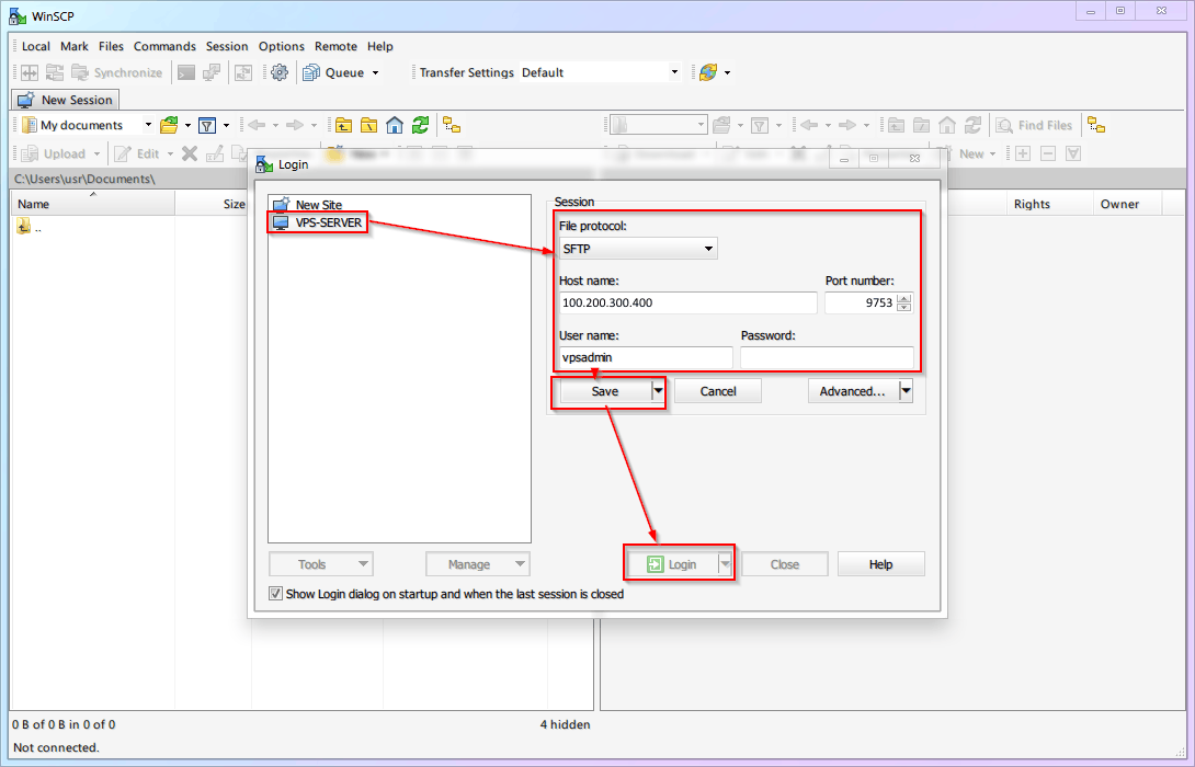 WinSCP login settings