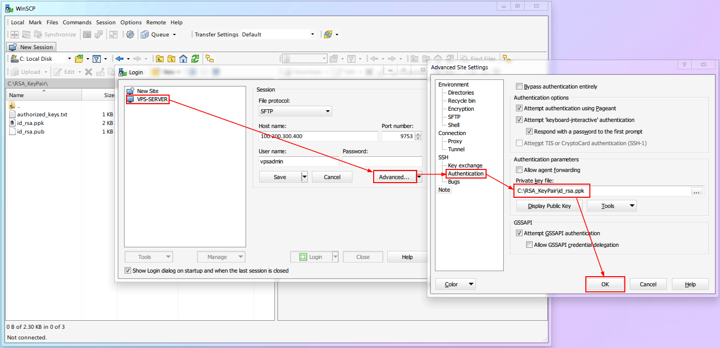 Путь к приватному ключу в WinSCP