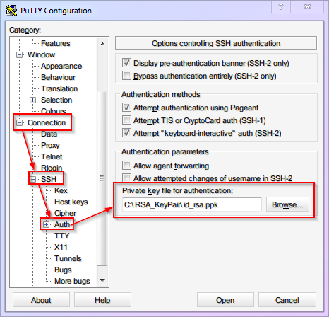 Путь к приватному ключу в PuTTY