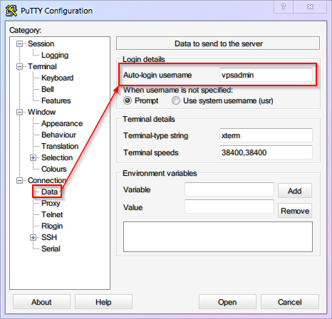 Имя пользователя по умолчанию в PuTTY